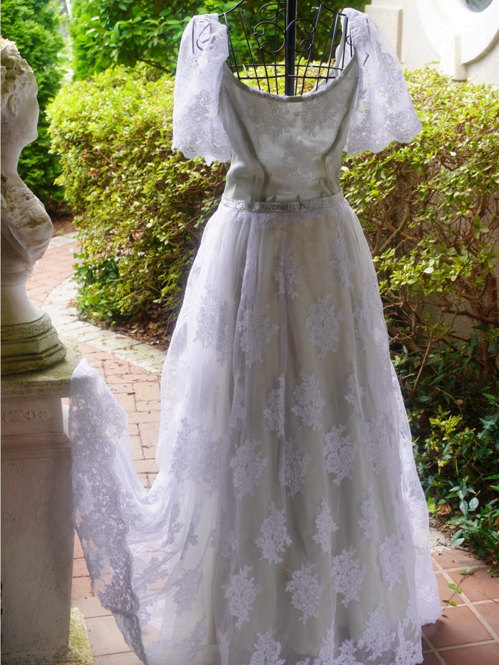 Vintage Ivory & Sage Lace Floral Appliqué Gown | Romantic Off-Shoulder Wedding - Picture 9 of 16